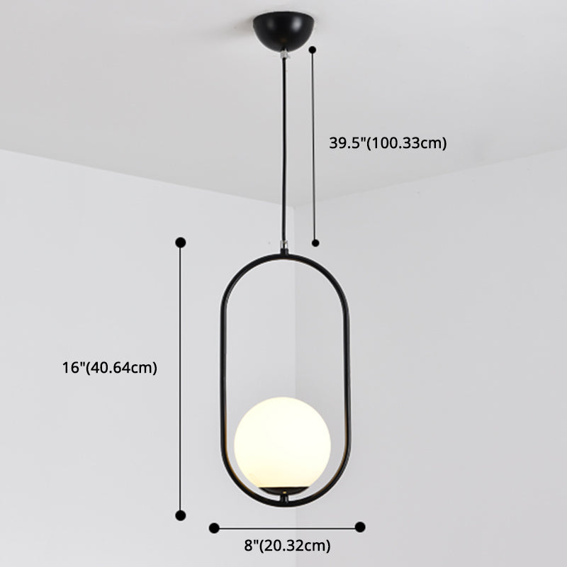 White Glass Pendant Light With Mid-Century Globe Design And Metal Ring