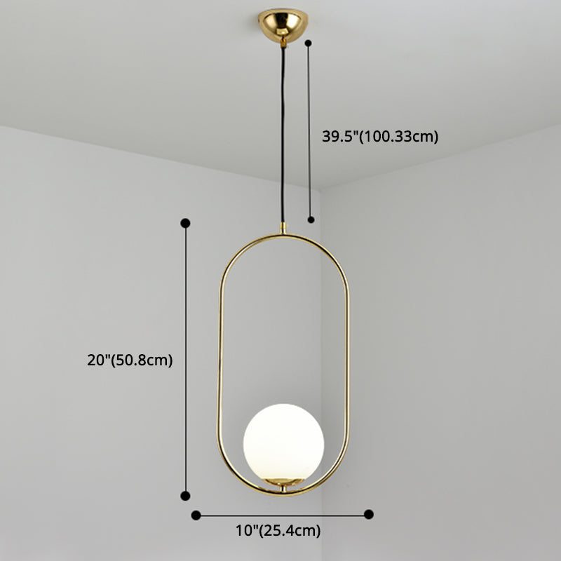 White Glass Pendant Light With Mid-Century Globe Design And Metal Ring