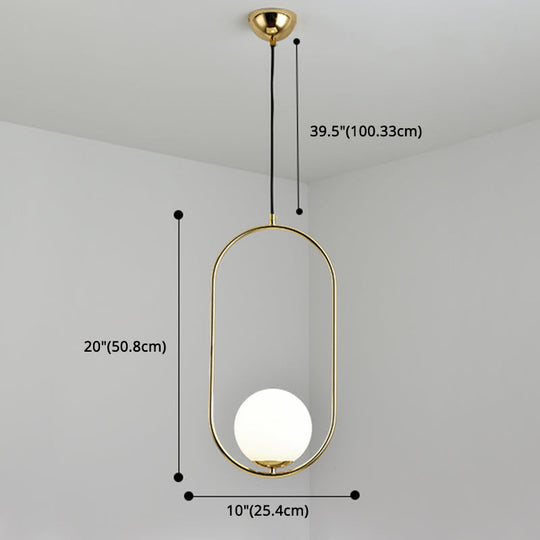 White Glass Pendant Light With Mid-Century Globe Design And Metal Ring