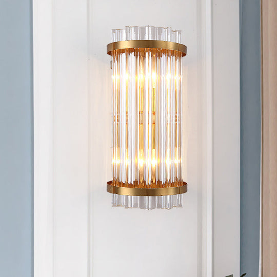 Modern 2-Head Tri-Sided Crystal Rod Cylinder Wall Mount Sconce Light Fixture In Black/Gold Gold