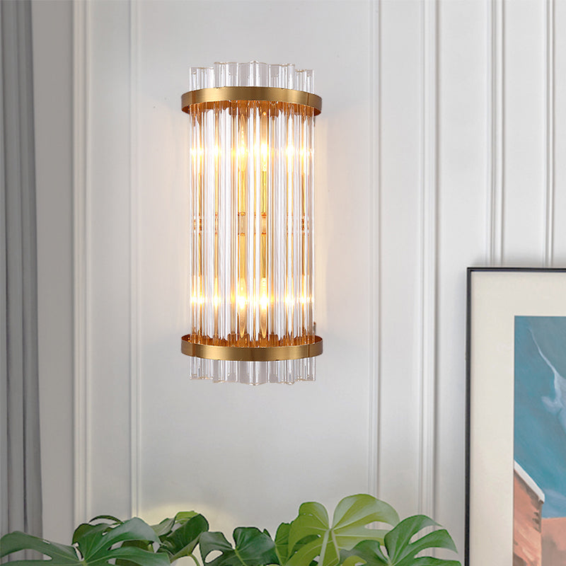 Modern 2-Head Tri-Sided Crystal Rod Cylinder Wall Mount Sconce Light Fixture In Black/Gold