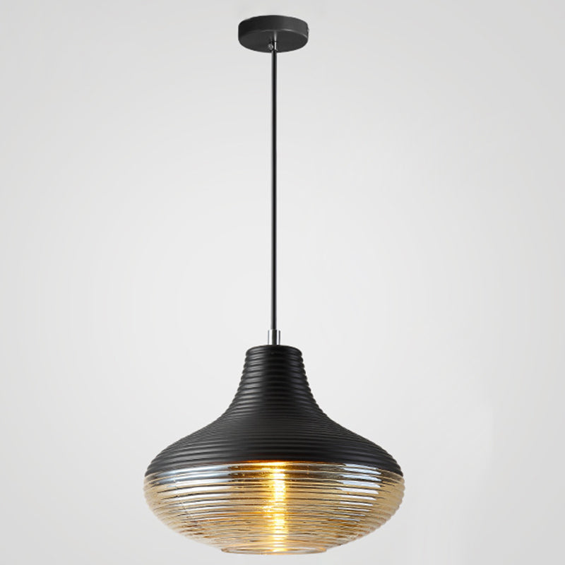 Modern Black Metal Pendant Light With Ribbed Glass Shade - 1-Light Hanging Lamp / 10.5’