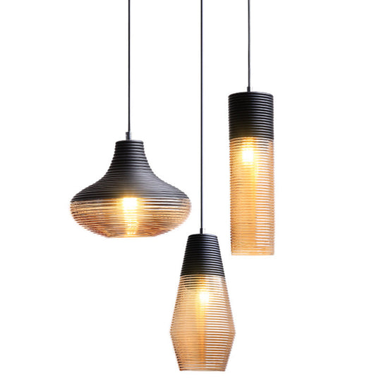 Modern Black Metal Pendant Light With Ribbed Glass Shade
