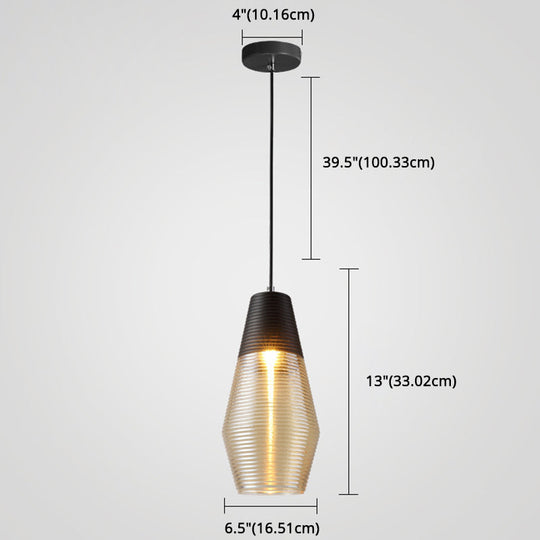 Modern Black Metal Pendant Light With Ribbed Glass Shade