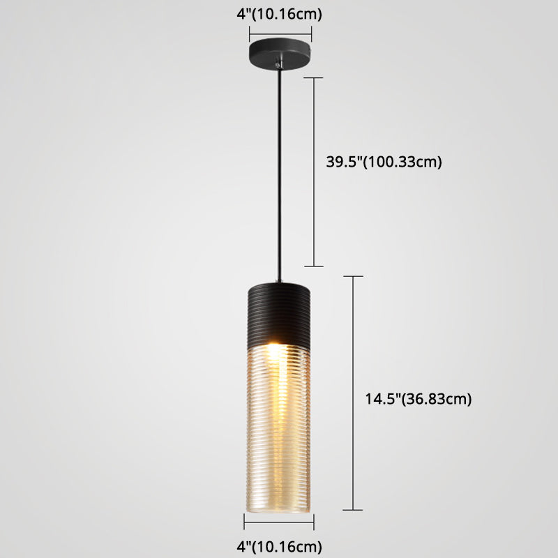 Modern Black Metal Pendant Light With Ribbed Glass Shade