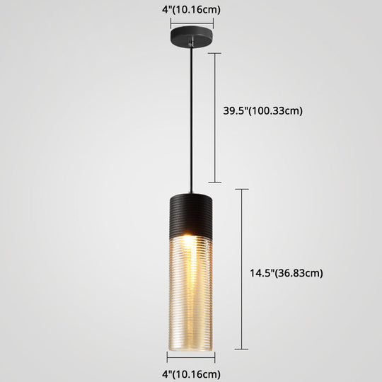 Modern Black Metal Pendant Light With Ribbed Glass Shade