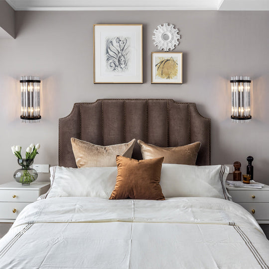 Modern 2-Head Tri-Sided Crystal Rod Cylinder Wall Mount Sconce Light Fixture In Black/Gold