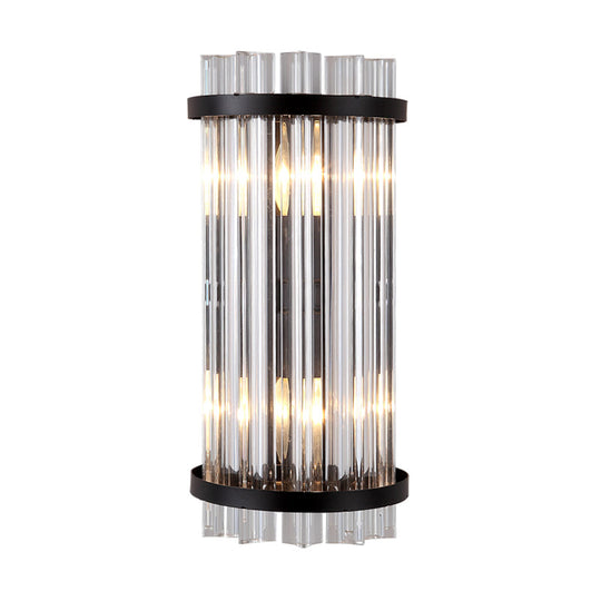Modern 2-Head Tri-Sided Crystal Rod Cylinder Wall Mount Sconce Light Fixture In Black/Gold