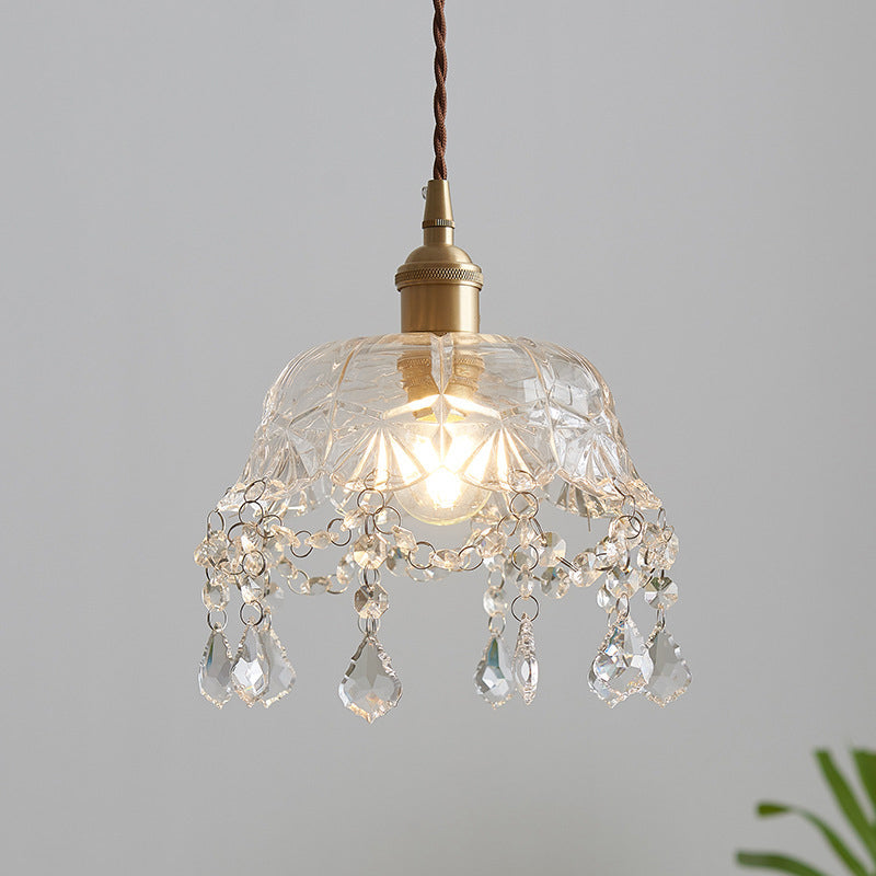 Vintage Brass Pendant Light With Clear Glass Shade And Crystal Drip - Floral Inspired Dining Room