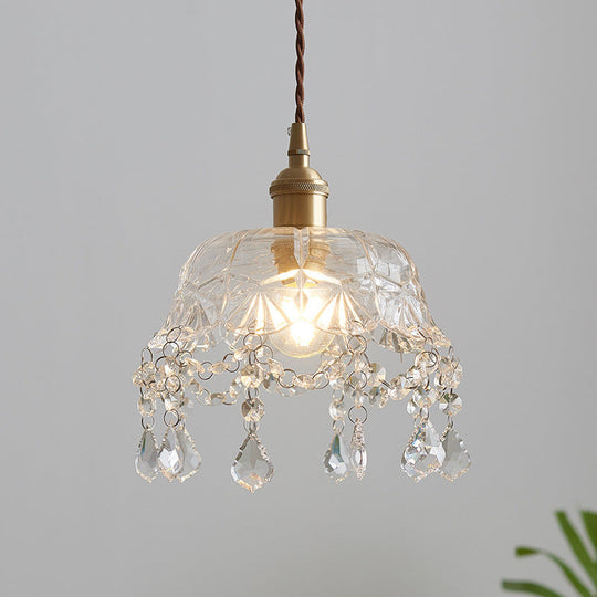Vintage Brass Pendant Light With Clear Glass Shade And Crystal Drip - Floral Inspired Dining Room