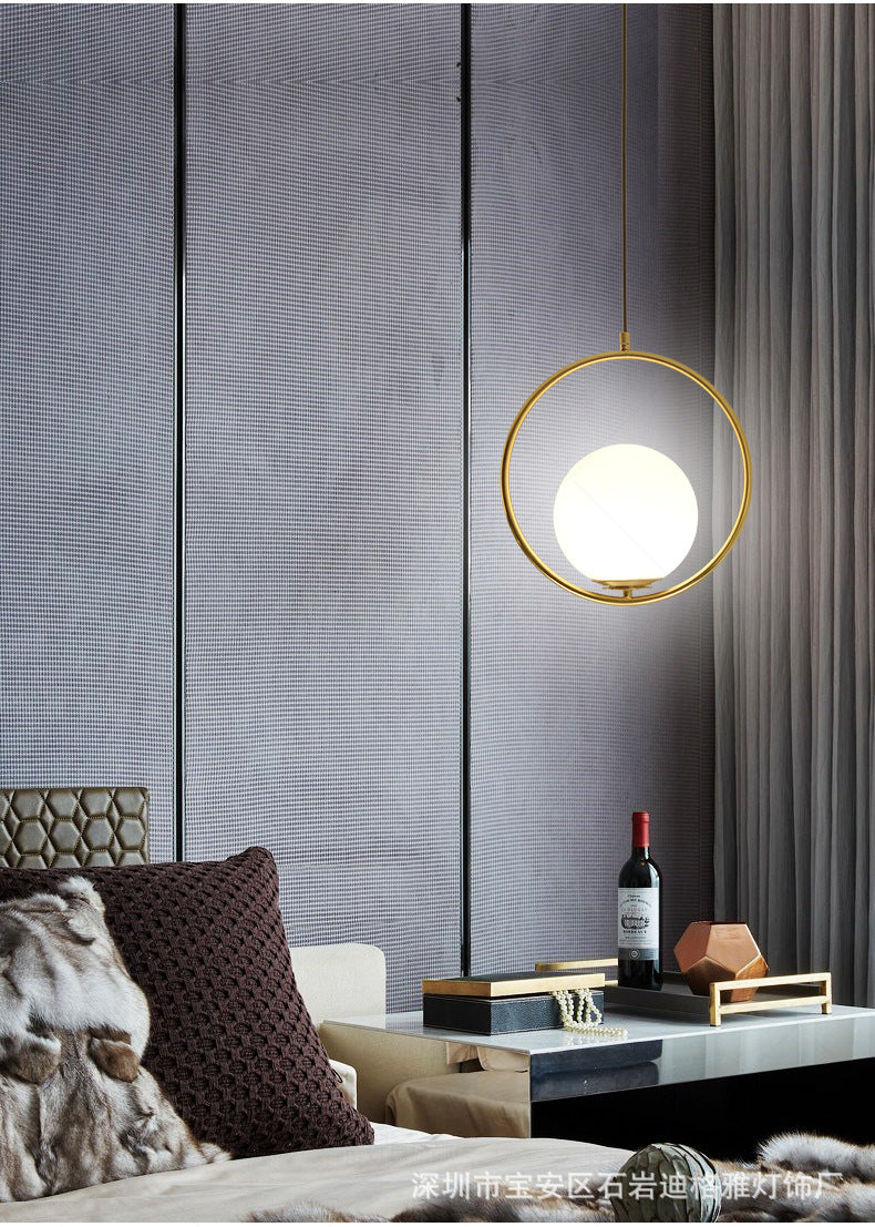 White Glass Pendant Light With Mid-Century Globe Design And Metal Ring
