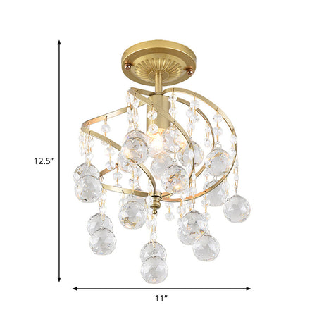 Contemporary Spiral Semi Flush Ceiling Lamp - Metallic 1 Light Golden Corridor With Crystal Drop
