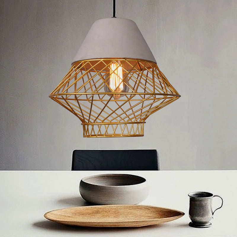 Retro Urban Wire Cage Pendant Light With Cement Top - Restaurant Hanging Lamp