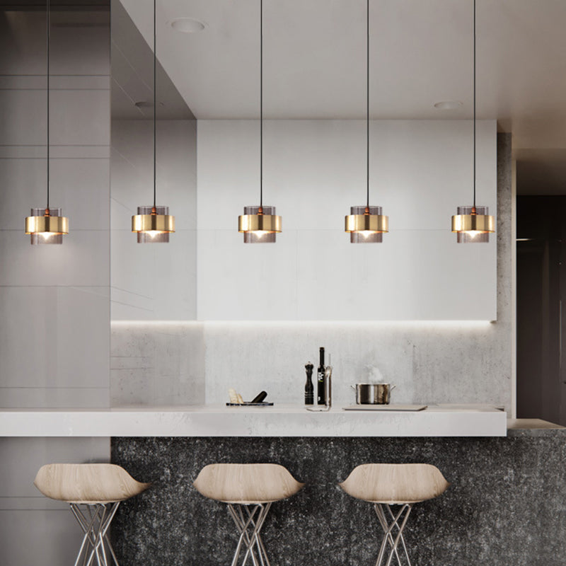Modern Smoke Glass Pendant Light With Metal Ring - Cylindrical Minimalist Design