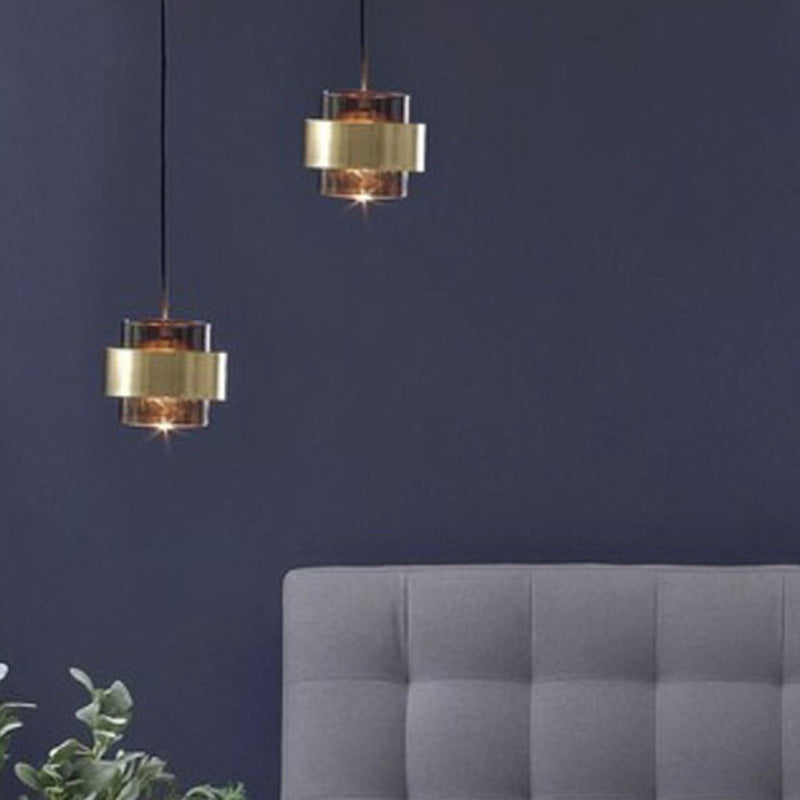 Modern Smoke Glass Pendant Light With Metal Ring - Cylindrical Minimalist Design