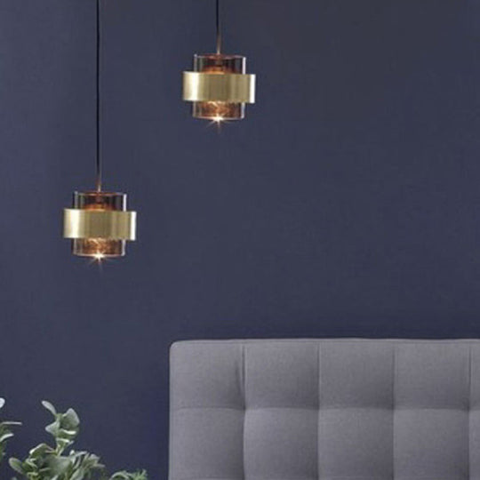 Modern Smoke Glass Pendant Light With Metal Ring - Cylindrical Minimalist Design