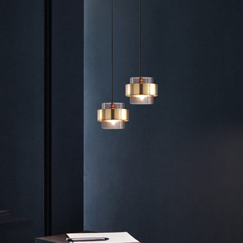 Modern Smoke Glass Pendant Light With Metal Ring - Cylindrical Minimalist Design
