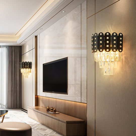 Clear Faceted Crystal Wall Lighting: 3-Light 3-Tier Mounted. Contemporary Design In Black.