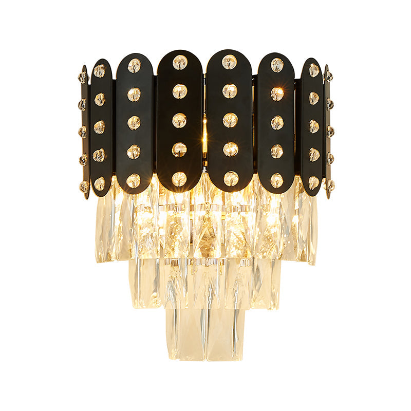 Clear Faceted Crystal Wall Lighting: 3-Light 3-Tier Mounted. Contemporary Design In Black.