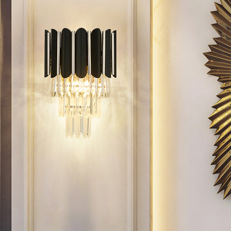 Modern Clear Crystal Wall Sconce Light - Black Tiered Design With 2 Lights