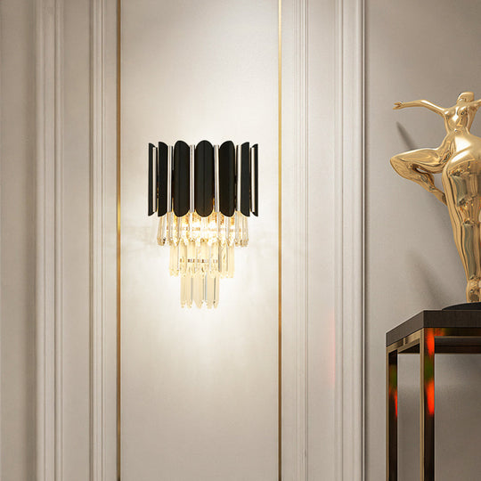 Modern Clear Crystal Wall Sconce Light - Black Tiered Design With 2 Lights