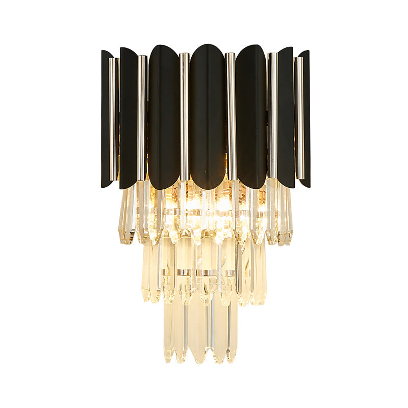 Modern Clear Crystal Wall Sconce Light - Black Tiered Design With 2 Lights