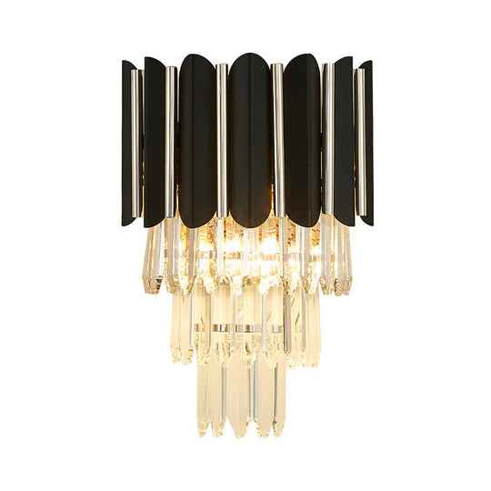 Modern Clear Crystal Wall Sconce Light - Black Tiered Design With 2 Lights
