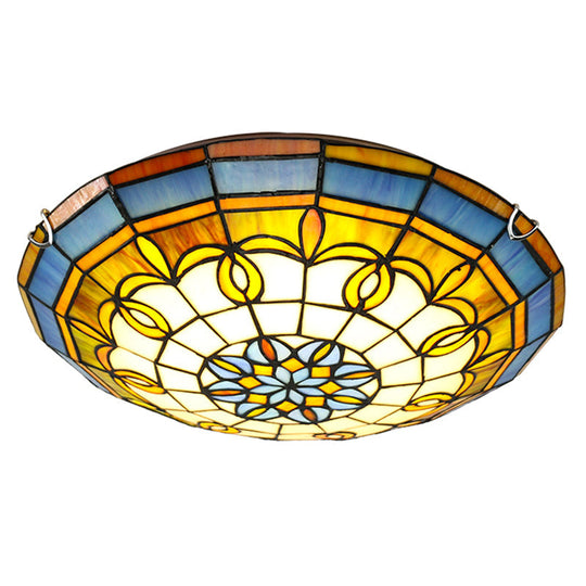 Bowl Flush Ceiling Light - Stained Art Glass Mediterranean Style Blue / 12