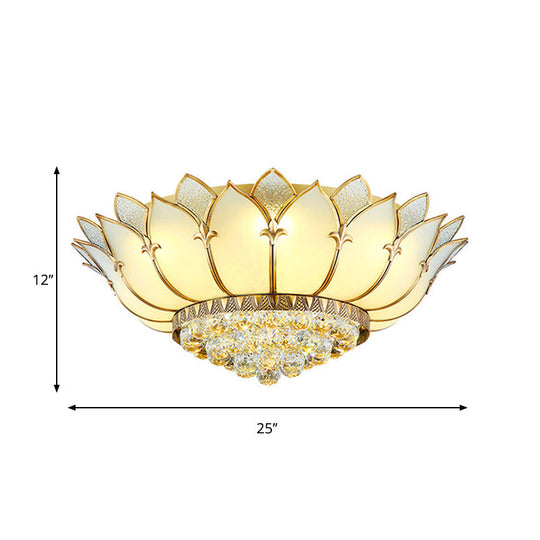 Chinese Style Prismatic Glass Lotus Flush Mount Ceiling Light With Crystal Finial - 5 Lights White