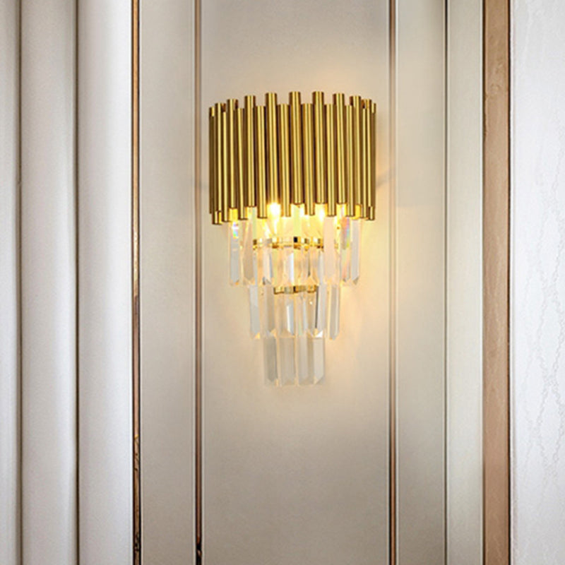 Modern Wall Mounted Gold Lamp: Tapered Design Triangular Crystal Prism 2 Lights For Living Room
