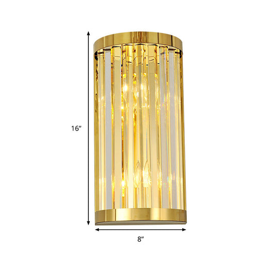 Modern Gold Wall Light Fixture With Clear Crystal Shade Half Cylinder Design 2 Lights