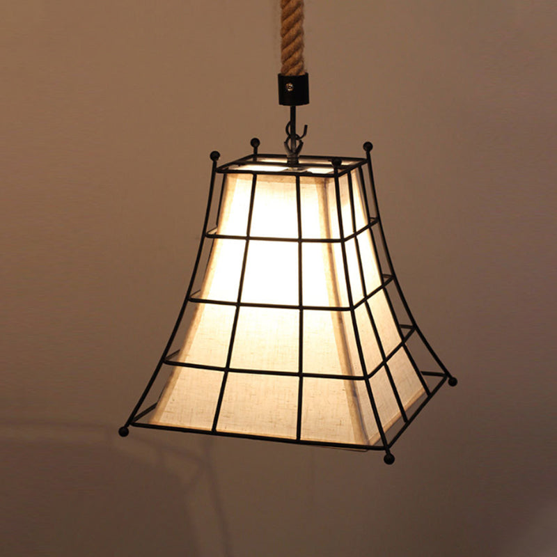 Flared Hanging Lamp With Fabric Shade - Wire Frame Rustic Suspension Light In Black