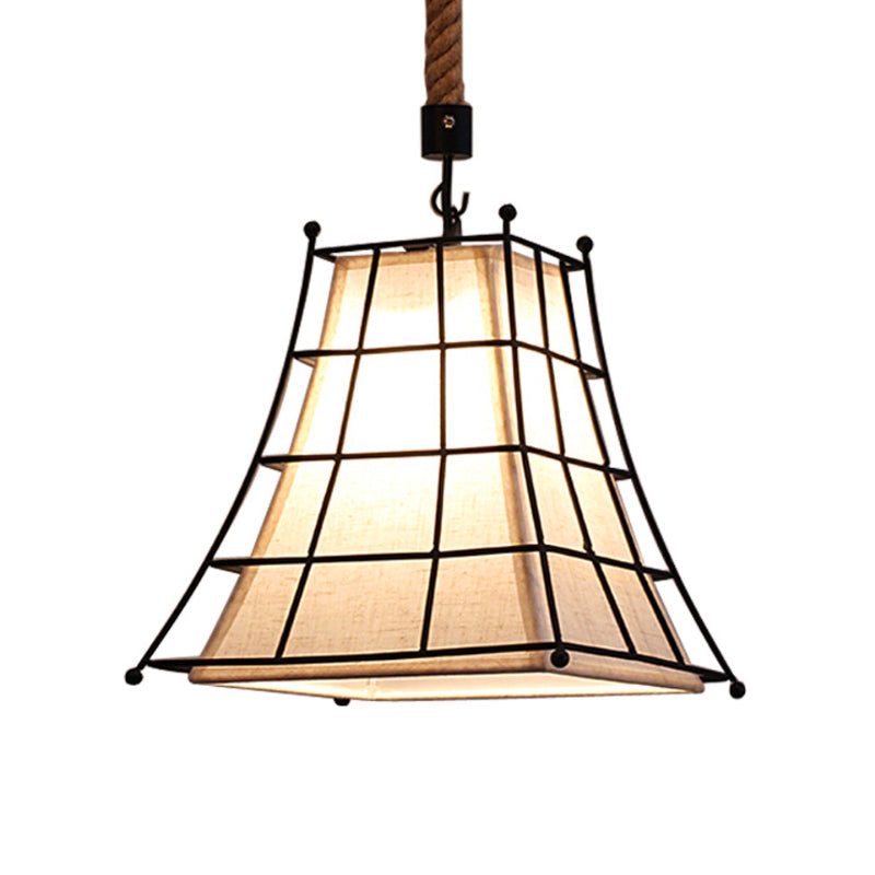 Flared Hanging Lamp With Fabric Shade - Wire Frame Rustic Suspension Light In Black