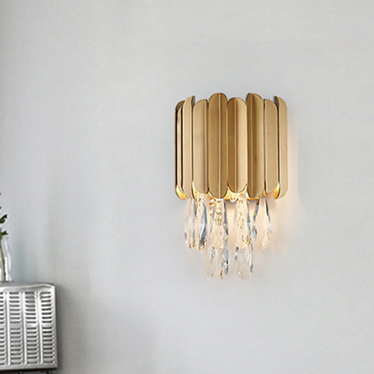 Modern Gold/Smoke Grey Round Wall Mount Lighting With Clear Crystal Teardrop - 2 Bulb Lamp Gold