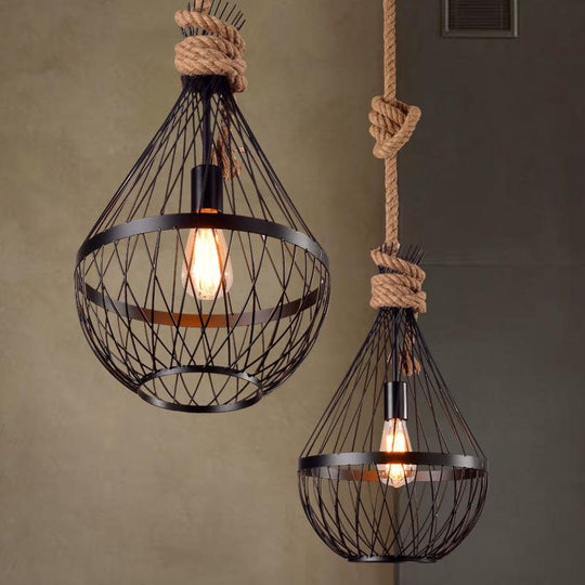 Teardrop Suspension Light: Metal Wire Frame Hanging Lamp In Black With 39’ Rope - Country Style
