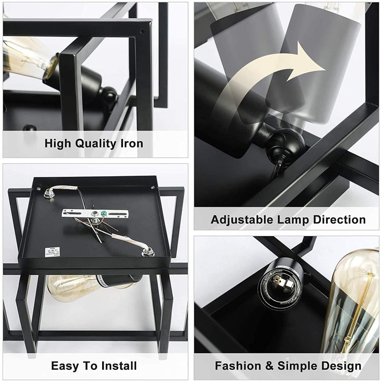 Retro Industrial Wrought Iron Ceiling Light With Black Frame