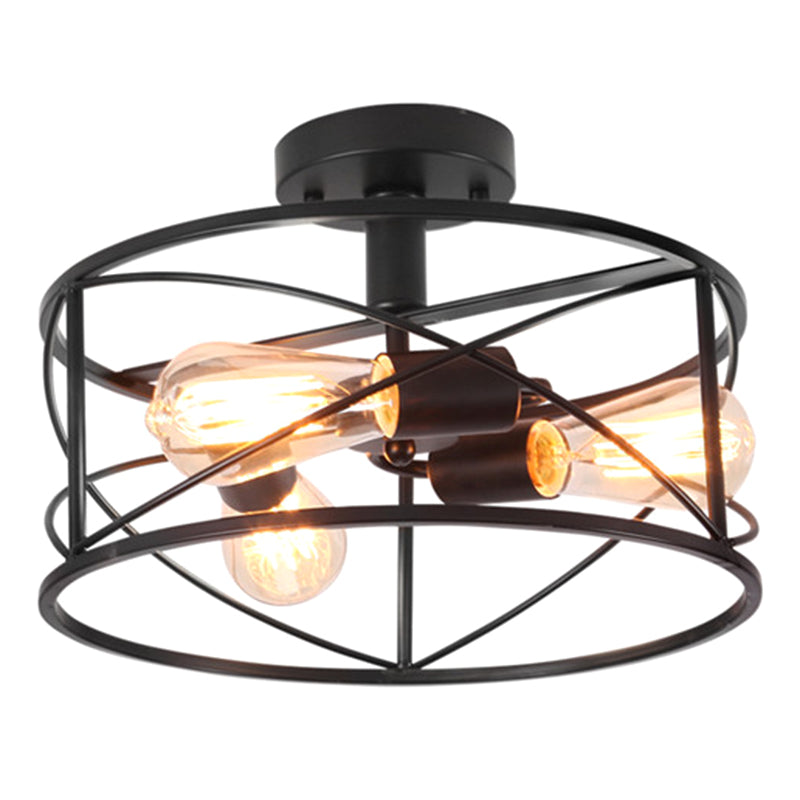 Retro Industrial Metal Flush Mount Ceiling Light For Living Room - Trellis Cage Design Black