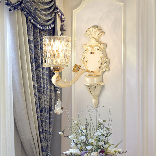 Honeycomb Glass Wall Light With Clear Cylinder Shade - Vintage 1/2 Lights Mount Lamp In Beige 1 /