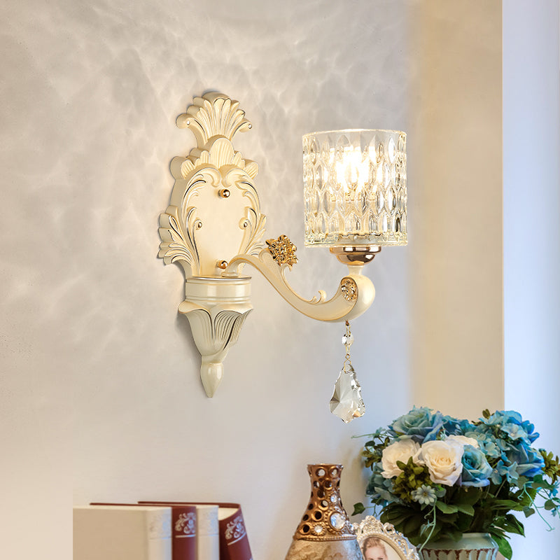 Honeycomb Glass Wall Light With Clear Cylinder Shade - Vintage 1/2 Lights Mount Lamp In Beige