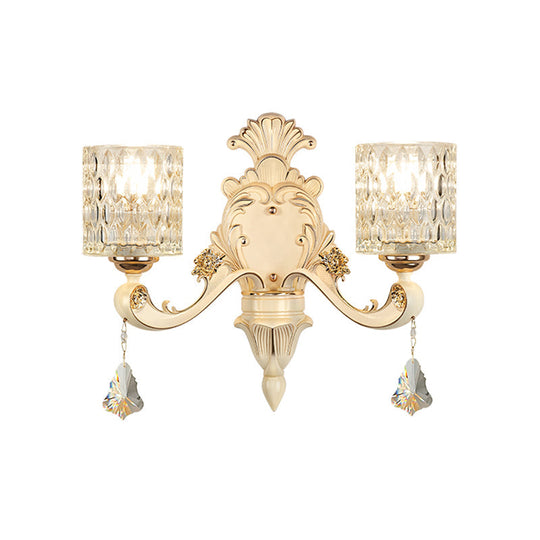 Honeycomb Glass Wall Light With Clear Cylinder Shade - Vintage 1/2 Lights Mount Lamp In Beige