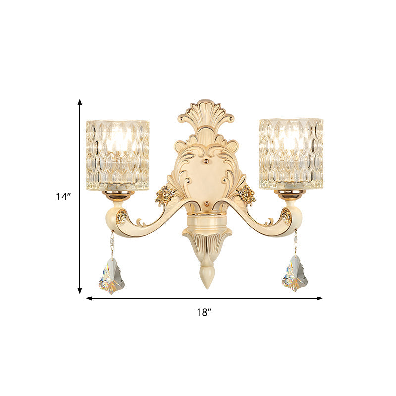Honeycomb Glass Wall Light With Clear Cylinder Shade - Vintage 1/2 Lights Mount Lamp In Beige