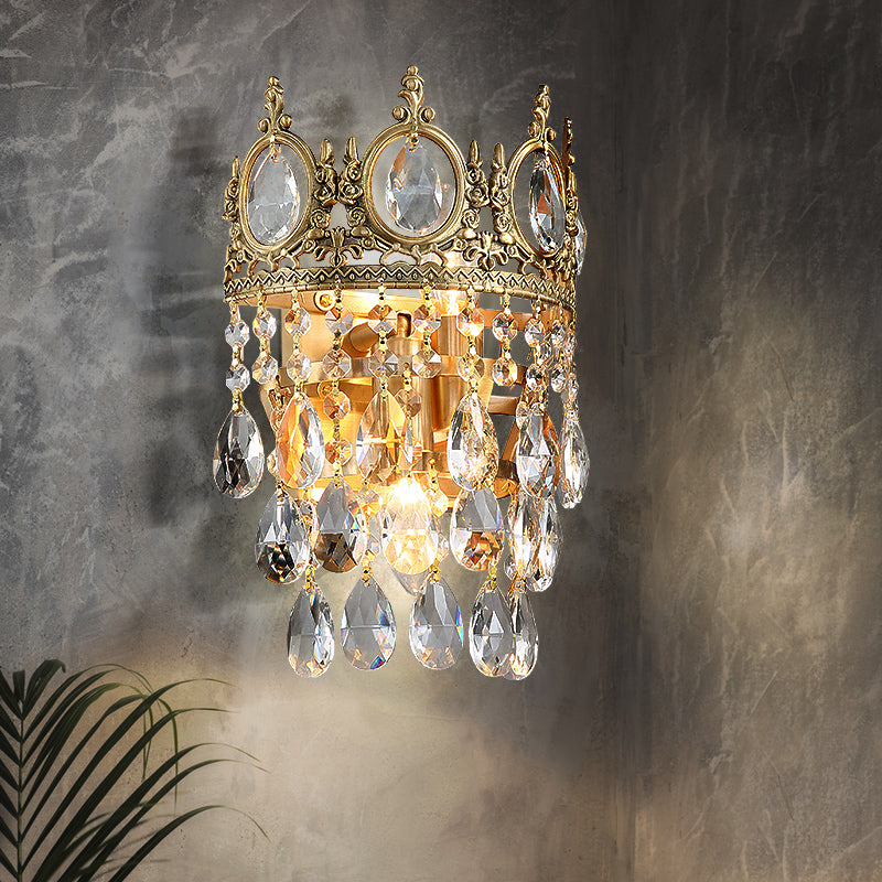 Classic Round Wall Mounted Lighting With Clear Crystal Prisms 2 Bulbs Aged Brass Finish