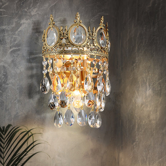 Classic Round Wall Mounted Lighting With Clear Crystal Prisms 2 Bulbs Aged Brass Finish