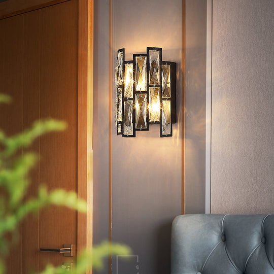 Contemporary Black Half Cylinder Wall Lamp With Clear Crystal Blocks - 2 Lights Mount