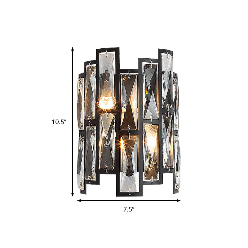 Contemporary Black Half Cylinder Wall Lamp With Clear Crystal Blocks - 2 Lights Mount