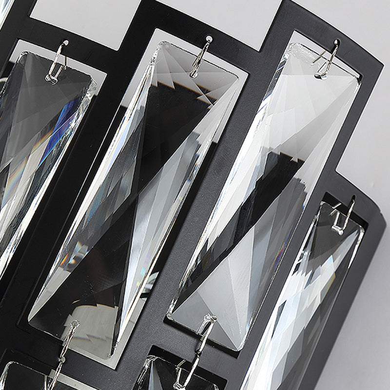 Contemporary Black Half Cylinder Wall Lamp With Clear Crystal Blocks - 2 Lights Mount