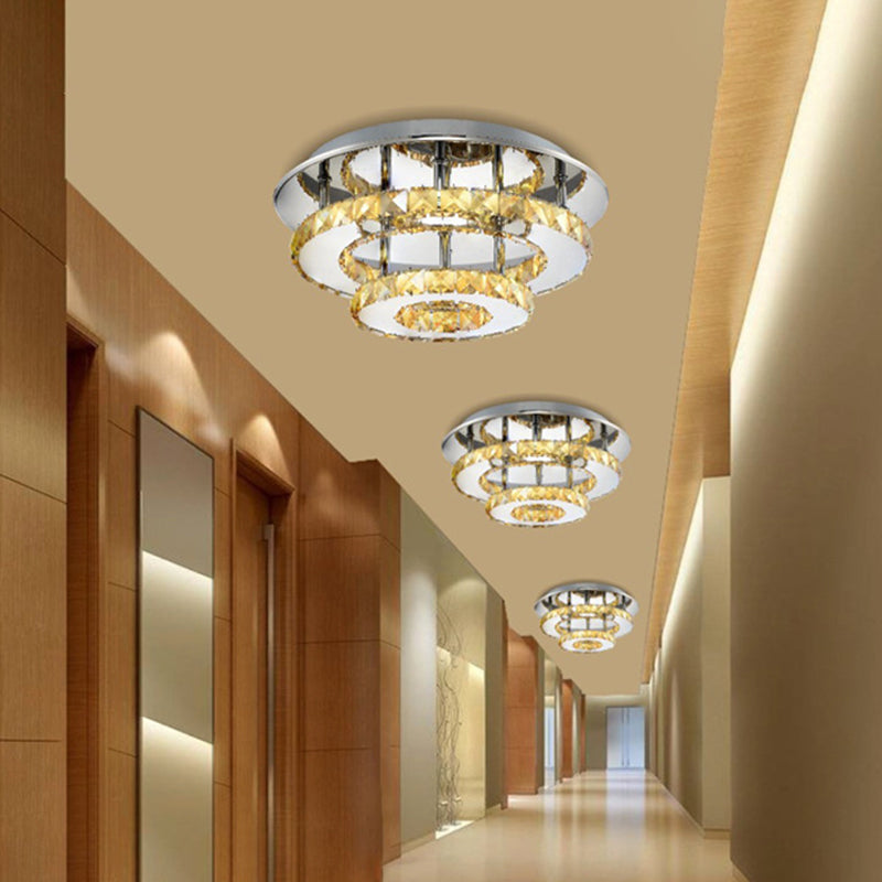 Modernist Round Crystal Semi Flush Light: 2 Tier Clear/Amber Ceiling Mount In Neutral/Warm/White -