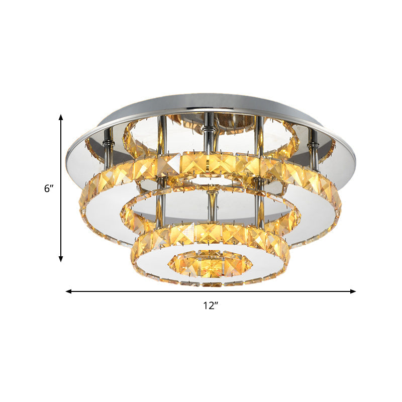 Modernist Round Crystal Semi Flush Light: 2 Tier Clear/Amber Ceiling Mount In Neutral/Warm/White -