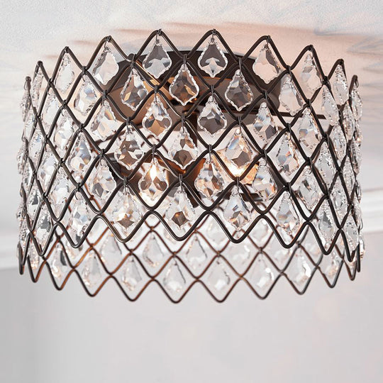 Crystal - Decorated Metal Semi Flush Light: Contemporary Indoor Ceiling Lighting In Black 3/5