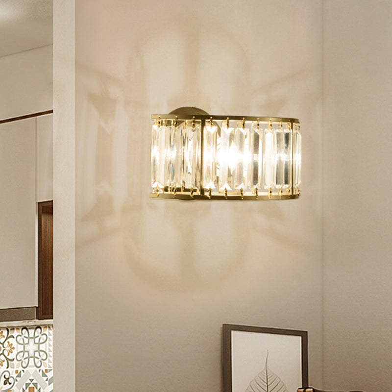 Contemporary Black/Gold Wall Lighting: Clear Crystal Half Cylinder Lamp With 1 Light Gold
